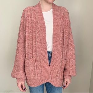 Madewell Bubble Sleeve Cable Knit Cardigan in Pink